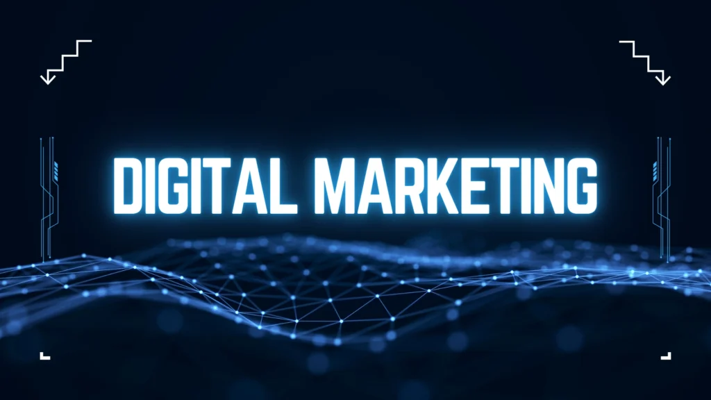 Digital marketing technology concept featuring a futuristic blue digital network with glowing typography and advanced data visualisation elements.