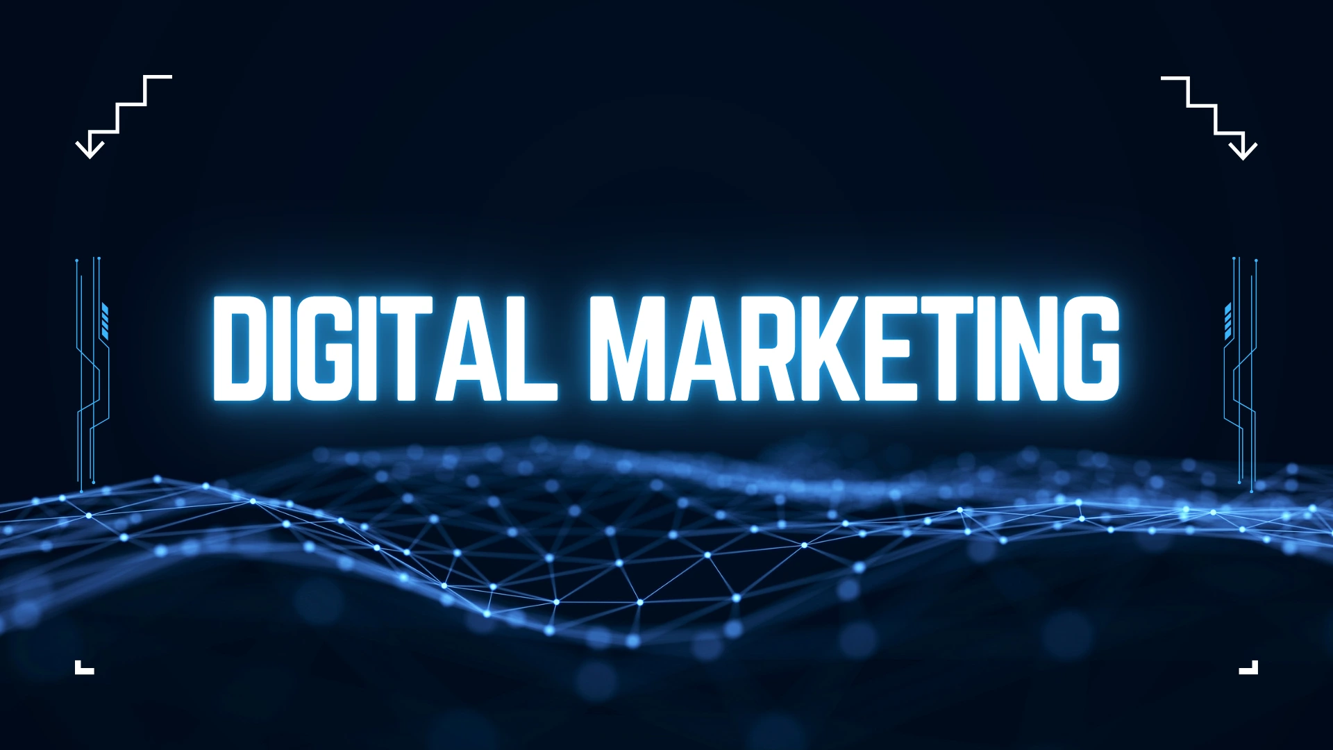 Digital marketing technology concept featuring a futuristic blue digital network with glowing typography and advanced data visualisation elements.