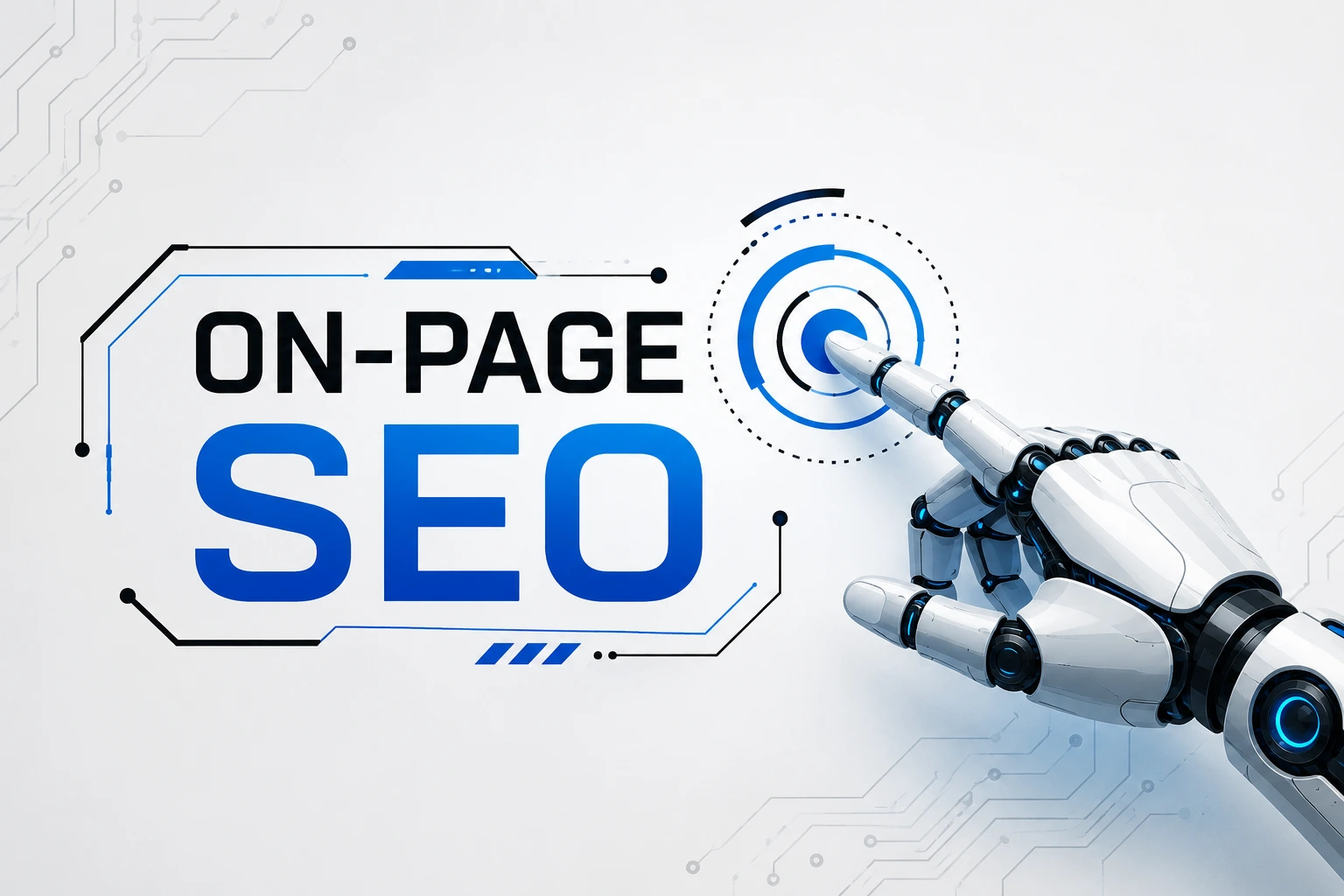 Futuristic on-page SEO illustration featuring a robotic hand, digital optimisation elements, and bold On-Page SEO text in a blue and black technology-themed design.
