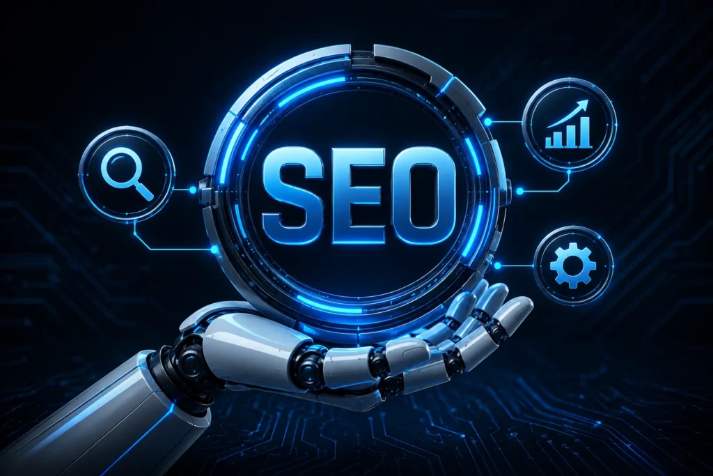 Futuristic digital marketing illustration featuring a robotic hand holding a glowing digital marketing hub surrounded by icons for SEO, social media marketing, email marketing, content marketing, paid advertising, analytics, website optimization, and conversion optimization on a blue neon technology background.