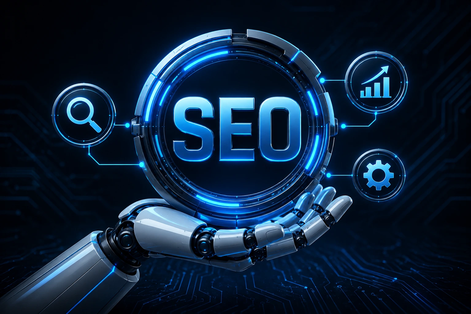 Futuristic digital marketing illustration featuring a robotic hand holding a glowing digital marketing hub surrounded by icons for SEO, social media marketing, email marketing, content marketing, paid advertising, analytics, website optimization, and conversion optimization on a blue neon technology background.