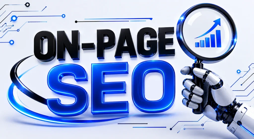 On-Page SEO concept with bold blue 3D text, robotic hand holding a magnifying glass with an upward growth chart, representing website optimization and search engine ranking improvements.